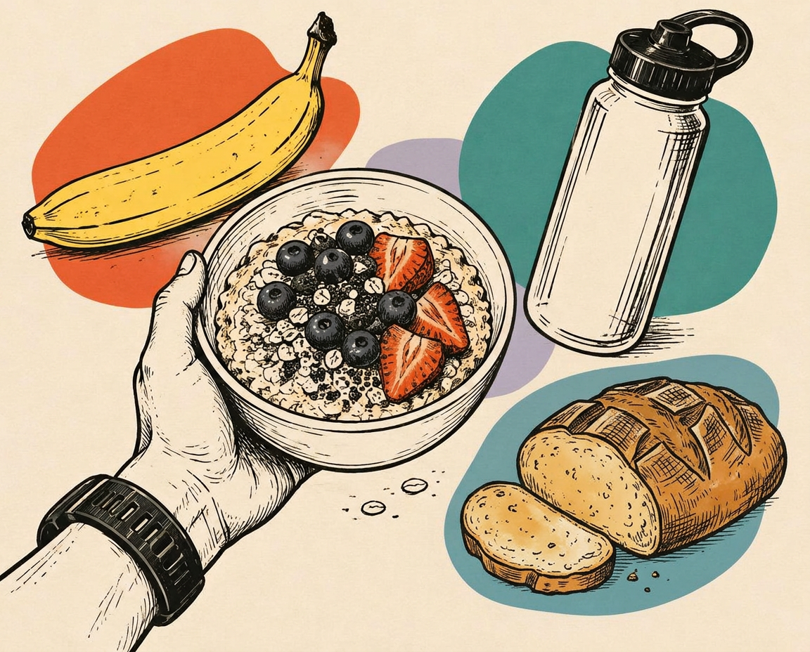 Hand-drawn illustration of oats, banana, water bottle and a loaf of bread